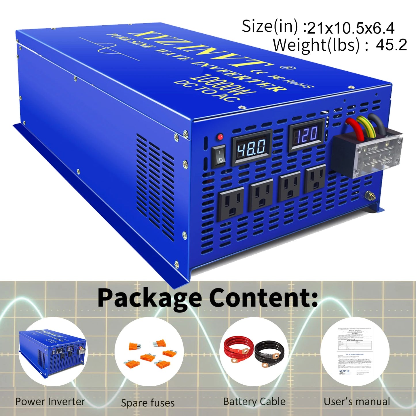 10000W Pure Sine Wave Inverter 24V 220V Solar Inverter Power Bank Battery Converter 12V/36V/48V/96V DC to 110V/120V/230V/240V AC