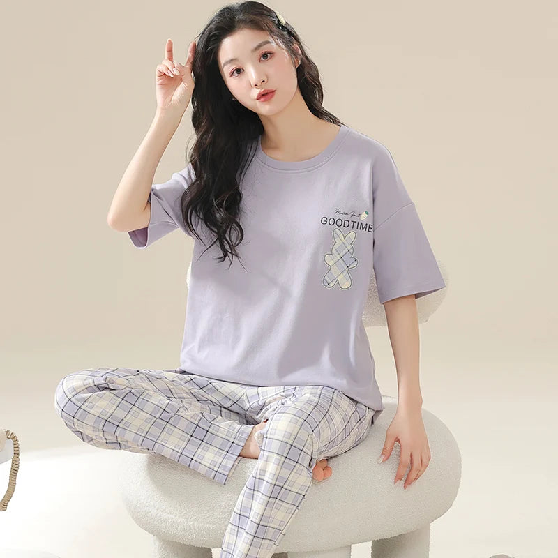 Cute Duck Print Pajamas for Women Cotton Women Pajama Sets Short Sleeves Long Pants Cartoon Pijamas Korean Girl Sleepwear