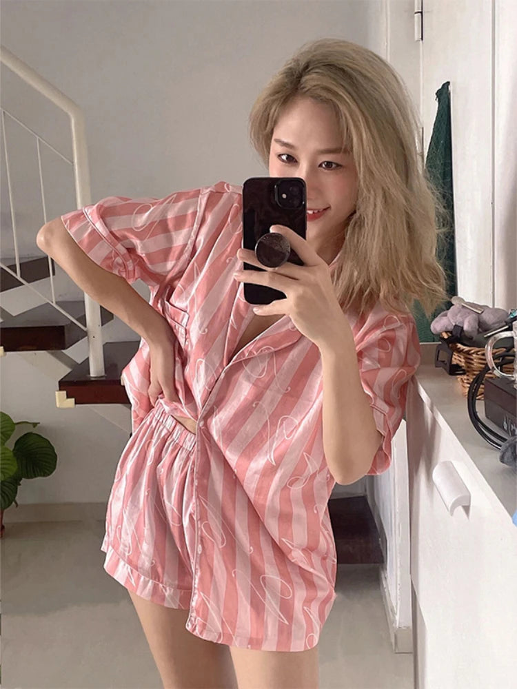 Summer Pink Stripes Women Pajamas Set Soft Button Rayon Pyjamas Sleepwear Nightwear Short Sleeve Shirt&Pant Silk Stain HomeWear