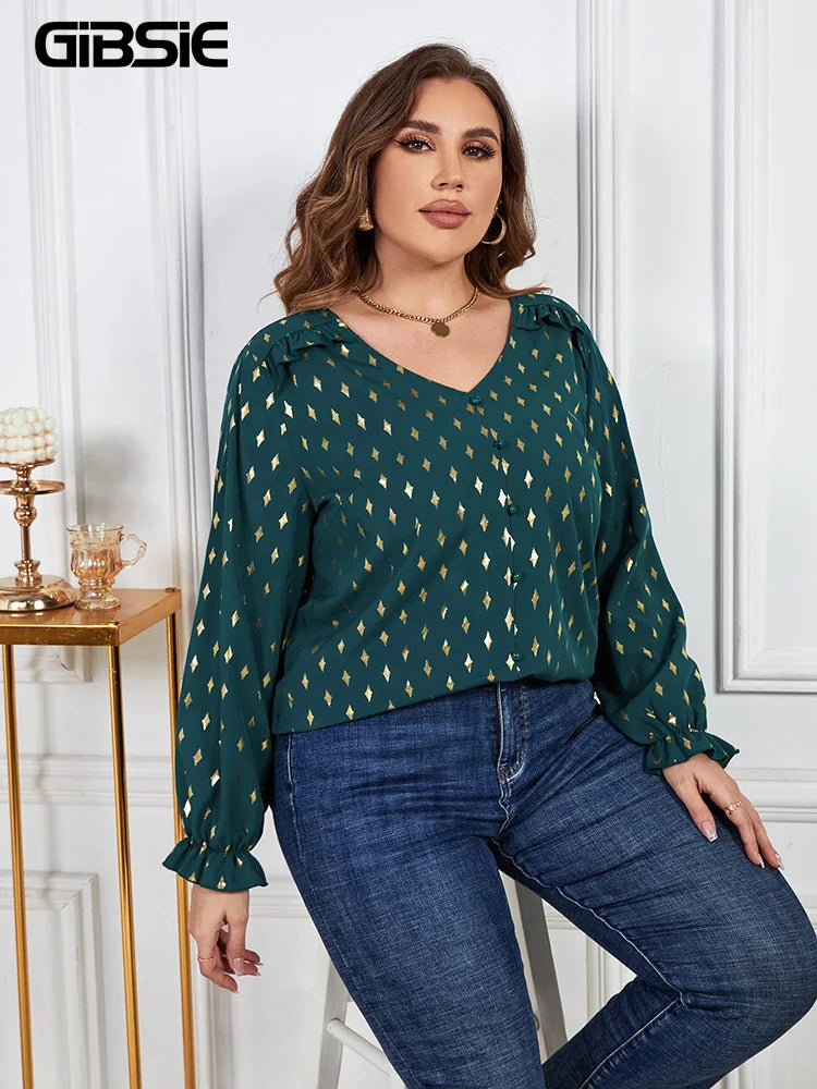 GIBSIE Plus Size Gold Print Frill Trim V-Neck Blouse Women Spring Fall Buttons Casual Long Sleeve Ladies Tops And Blouses 2023