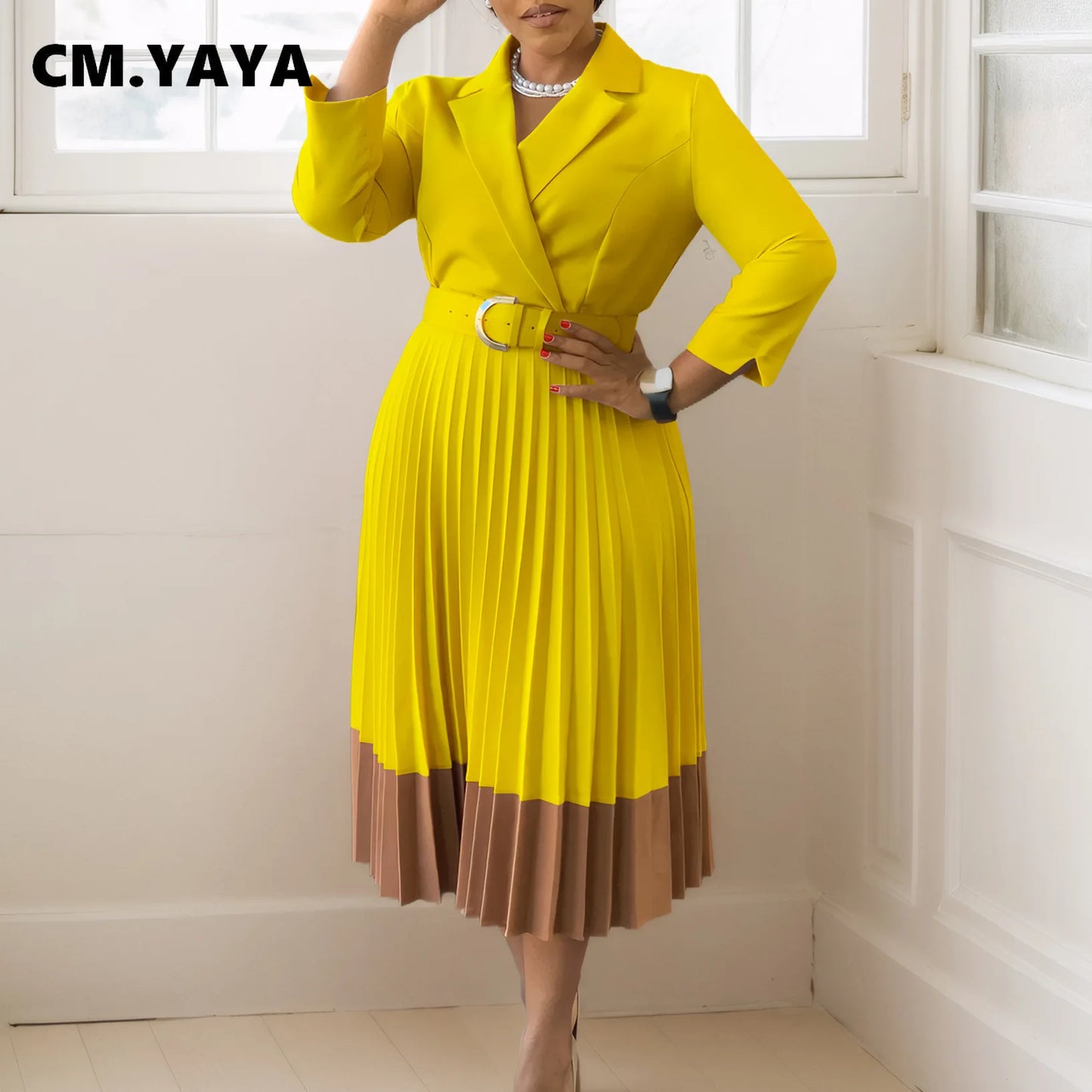 CM.YAYA Fashion Full Sleeve Notched Neck Solid High Waist Belt Dress Women Autumn Office Lady Pleated Long Africa Midi Dresses