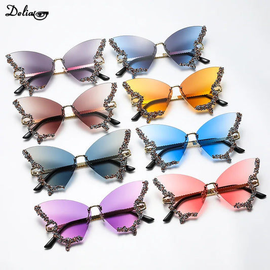 Luxury Diamond Butterfly Sunglasses Women Brand Y2K Vintage Rimless Oversized Sun Glasses Ladies Eyewear 2024 New Sunglasses