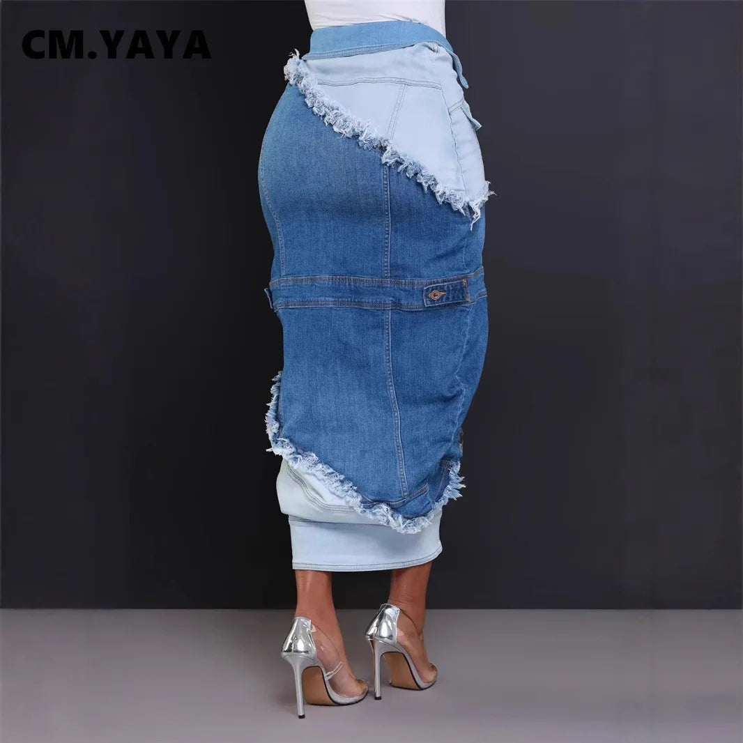 CM.YAYA Women Fashion Button Pencil Maxi Long Denim Patchwork Skirts 2024 Fall Street High Waist Skinny OL Bodycon Jean Skirts