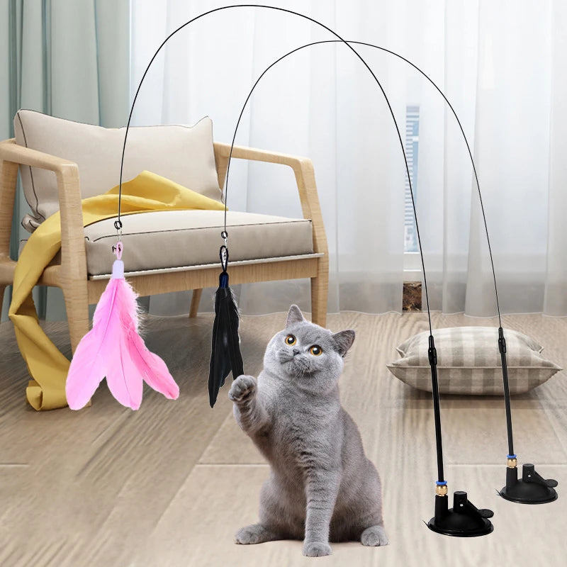 Cats Toys Feathers Wand Interactive Toy Kitten Toys with Super Suction Cup Detachable  Feather Replacements Cat Accesorios