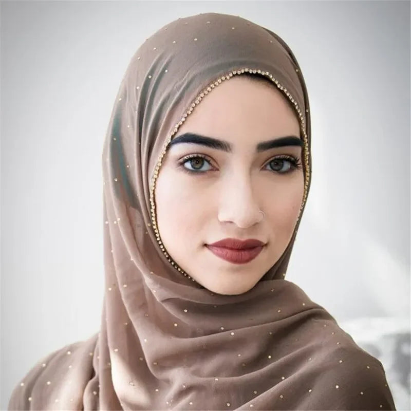 December new luxurious gold chain chiffon headscarf with soft hand feel, Muslim long scarf for women's Hijab musuman femme shawl