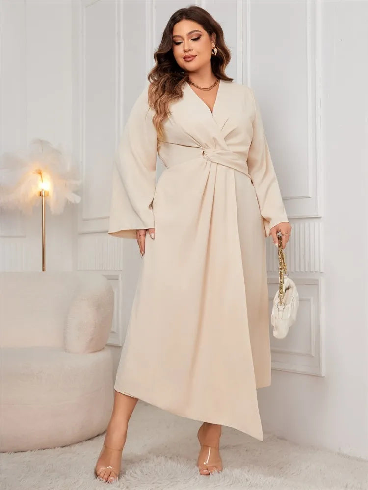 Plus Size Autumn Long V-Neck Dress Women Irregular Pleated Fashion Elegant Slim Waist Ladies Dresses Long Sleeve Woman Dress