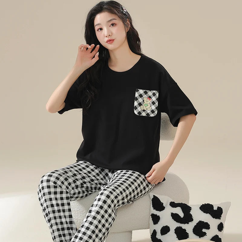 Cute Duck Print Pajamas for Women Cotton Women Pajama Sets Short Sleeves Long Pants Cartoon Pijamas Korean Girl Sleepwear