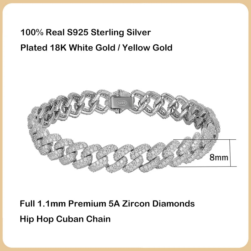 EWYA Luxury Hip Hop Full Zircon Cuban Link Chain Bracelet for Women Men S925 Silver Plated 18K High Carbon Diamond Bracelets