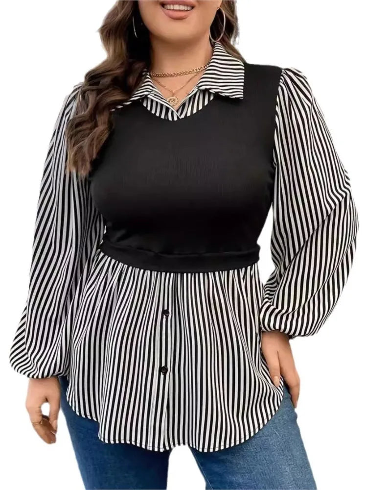 Plus Size Summer Fake Two Piece Set Shirts Tops Women Striped Print Patchwork Fashion Casual Ladies Blouses Loose Woman Shirts