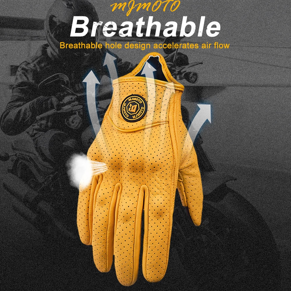 Retro Yellow Leather Motorcycle Gloves Men Women Breathable Perforated Motorbike Racing Gloves Touch Screen Motocross Moto Glove