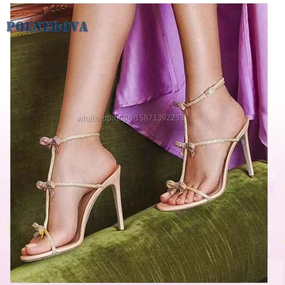 Bowknot Rhinestone T-Tied Sexy Sandals Open Toe Stiletto One Word Buckle Shallow Women Heels Slingback Spicy Girl Party Shoes