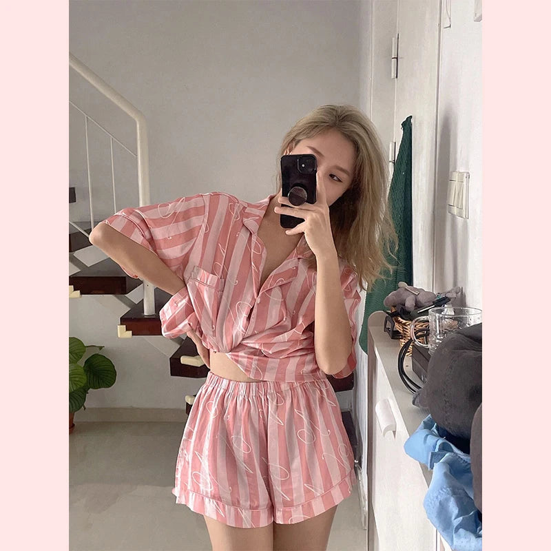 Summer Pink Stripes Women Pajamas Set Soft Button Rayon Pyjamas Sleepwear Nightwear Short Sleeve Shirt&Pant Silk Stain HomeWear