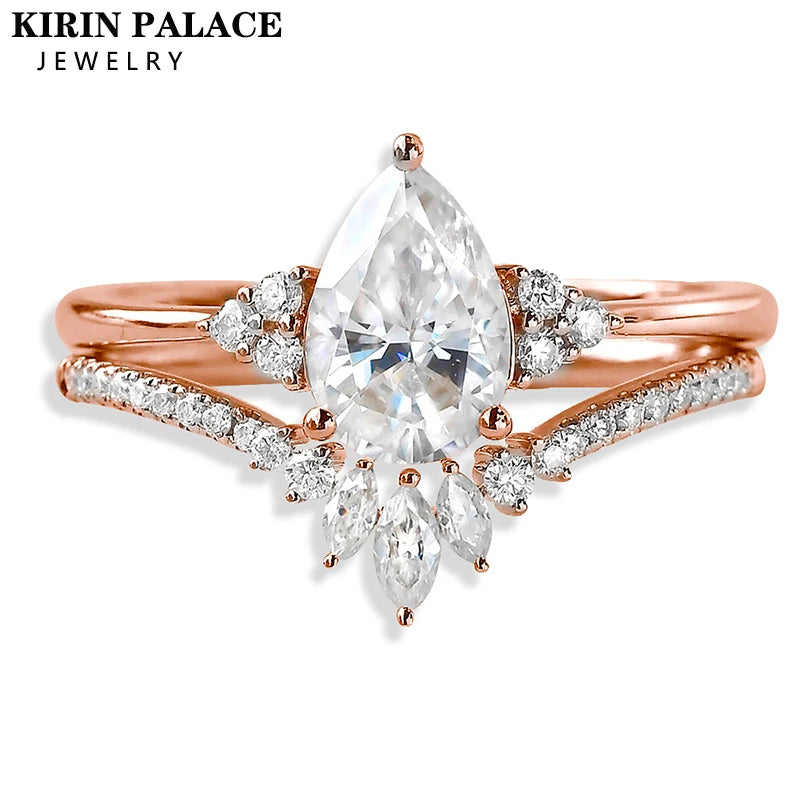 Kirin Palace Pear Cut Moissanite Ring 2PCS 100% 925 Silver Ring For Women White/Yellow/Rose Gold Plated Gift Engagement Jewelry