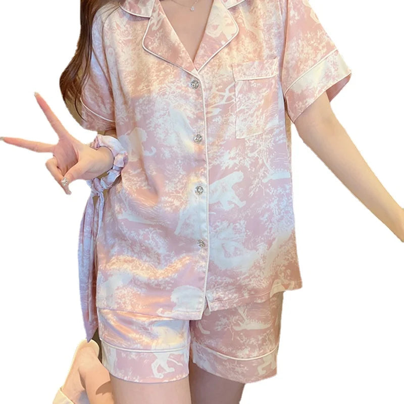 Summer Thin Cardigan Pajama Short Sleeved Shorts Two-piece Set Sweet Homewear Silk Pajamas for Women High-class Print Sleepwear