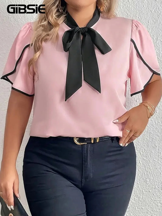 GIBSIE Plus Size Contrast Bow Tie Neck Women Shirts Blouses 2024 Summer Short Sleeve Elegant Tops Female Casual Solid Blouse