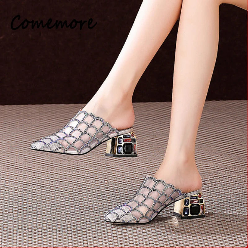 Comemore Rhinestone Half Slippers Women's Thick Heel New Summer Fashion Outwear High Heel Mesh Women Mules elegant sandals