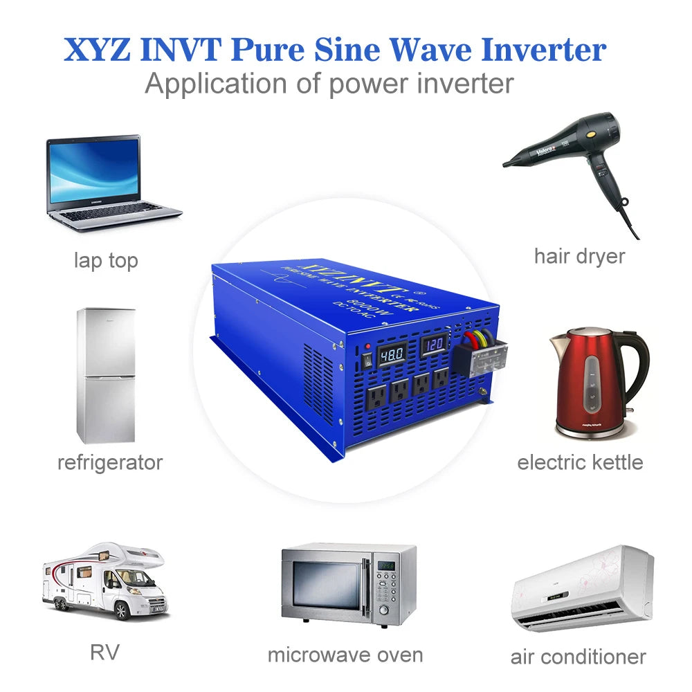 10000W Pure Sine Wave Inverter 24V 220V Solar Inverter Power Bank Battery Converter 12V/36V/48V/96V DC to 110V/120V/230V/240V AC