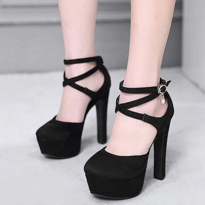 Sexy Elegant Thick with Single Shoes 14 Cm Model Catwalk Super High Heel Waterproof Platform Womens Shoes Party Dress High Heels