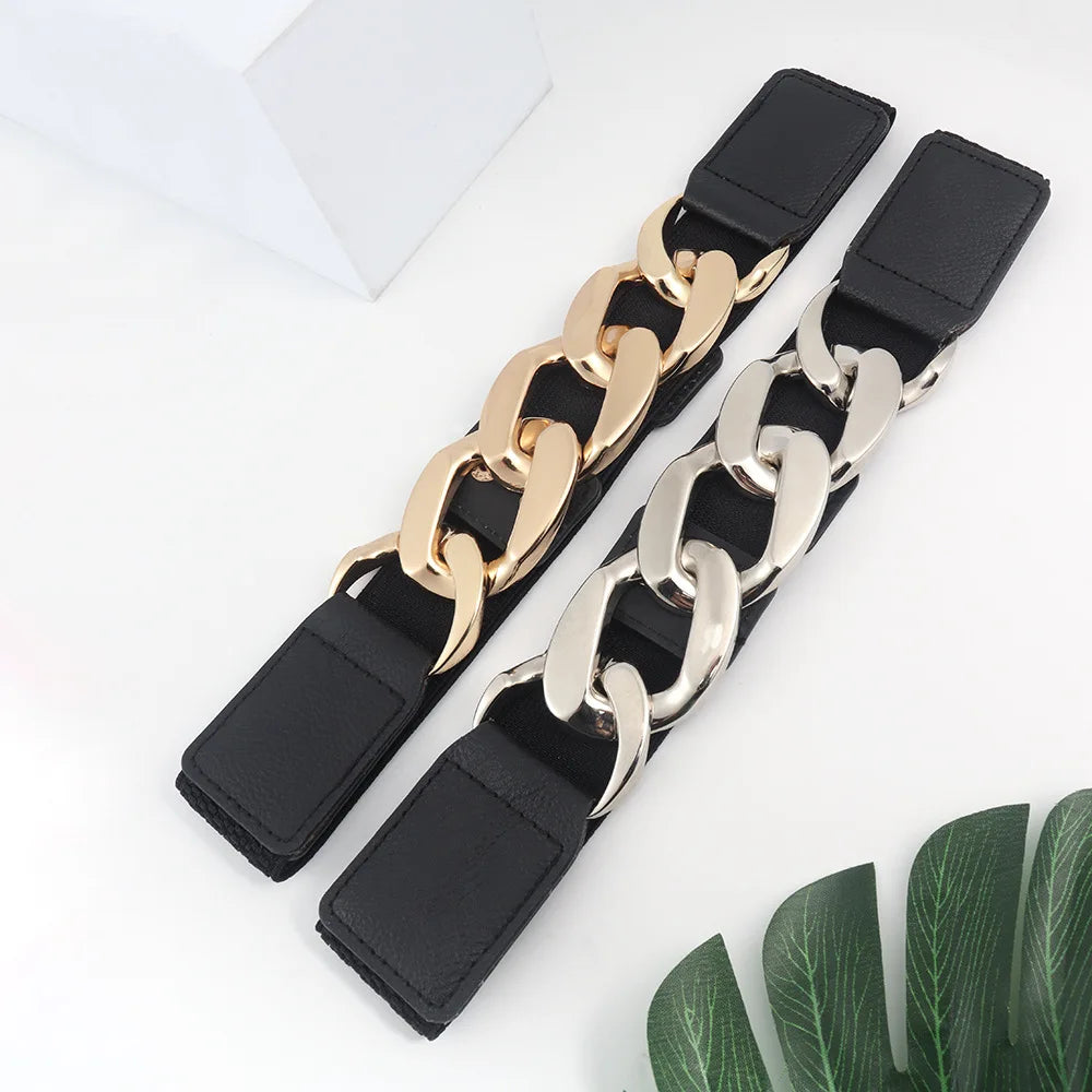 Metal Chain Belt for Women Fashion Casual Luxury Designer Dress Accessories Goth Punk Stretch Pu Leather Girdle Corset 2022 New