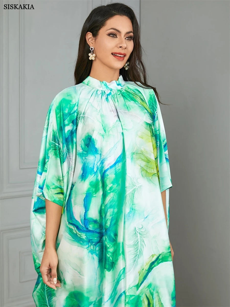 Siskakia Ramadan Muslim Floral Print Abaya Batwing Sleeve Maxi Dress Dubai Marocain Tie collar Elegant Casual Kaftan