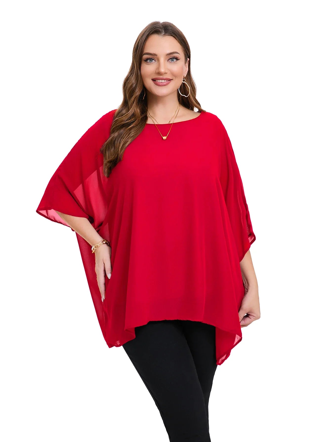 Womens Plus Size Elegant Summer Blouse Batwing Sleeve Oversized Chiffon Blouse Scoop Neck Large Size Casual Tunic Top Shirt 6XL