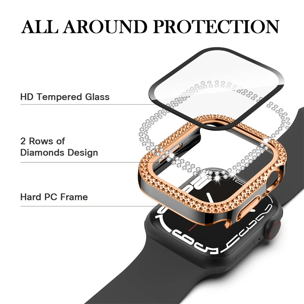 Bling Diamond Cover For Apple watch Case 45mm 41mm 44mm 40mm Tempered Glass+Bumper Screen Protector iWatch series 9 8 7 6 5 4 SE