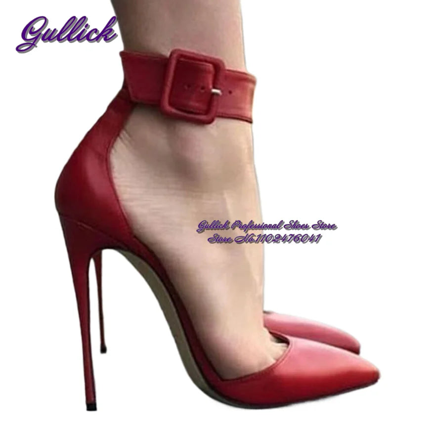 Gullick Red Black Matte Leather Pointed Toe High Heel Shoes Big Square Buckle Ankle Strap Dress Pumps Coffee Shoes Size46