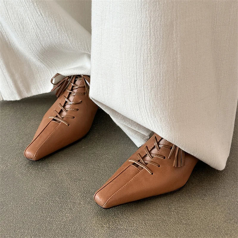 Strange Heel Retro Soft Leather Low Pumps Square Toe Cross-tied Fringe Strap Elengant Lady Dress Party Women Spring Summer Shoes