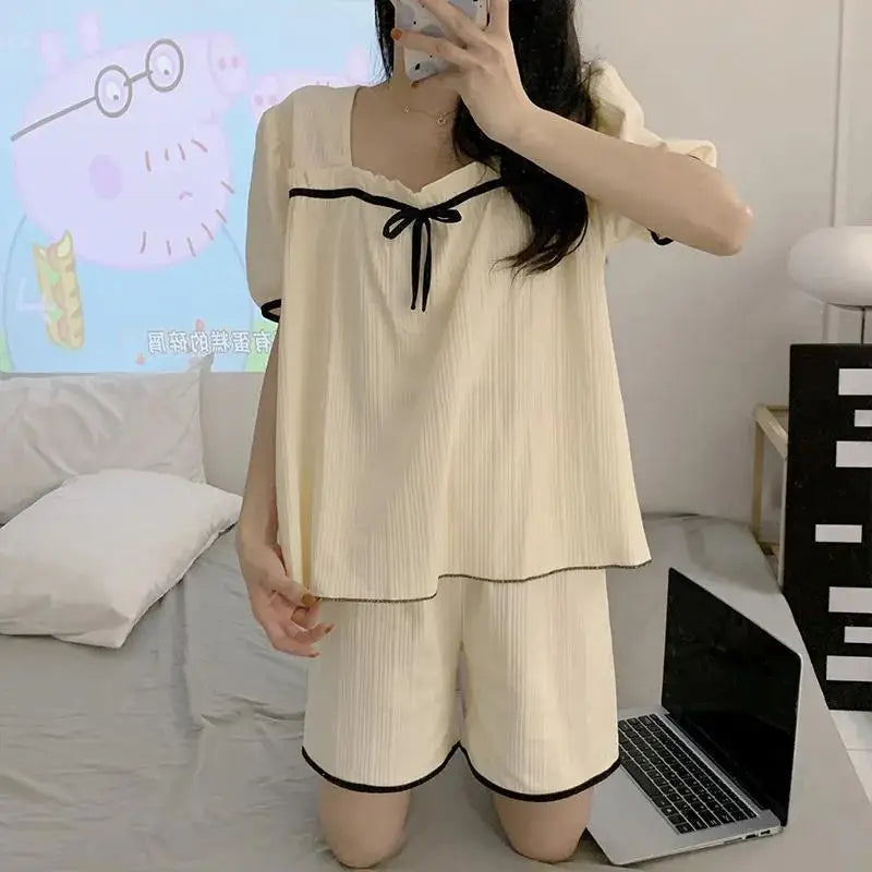 Square Collar Women Pajamas Sets for Home Summer Solid Sleepwear Shorts Sleeve 2 Pieces Night Wears Korean Bow Home Suit 2024