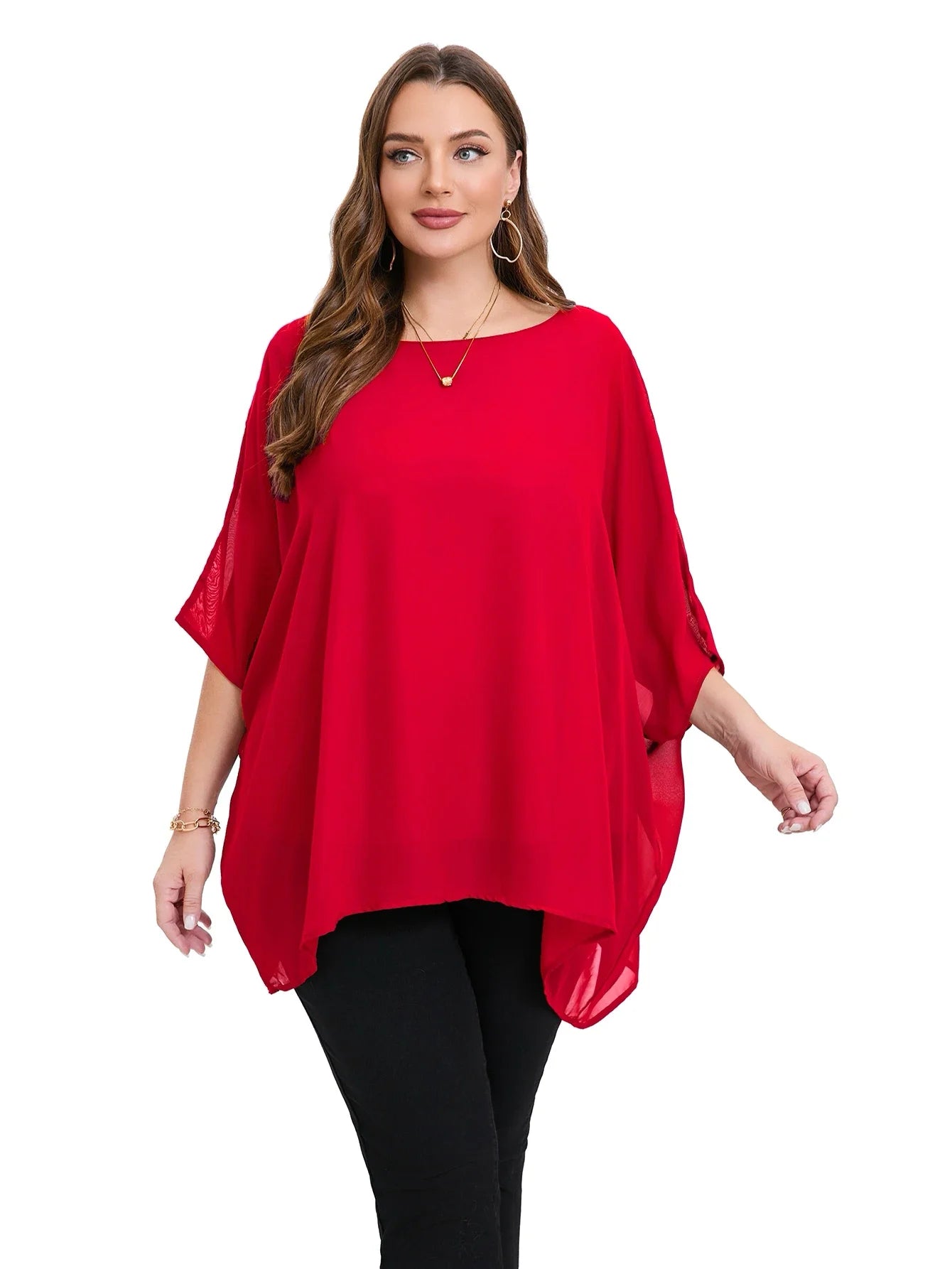 Womens Plus Size Elegant Summer Blouse Batwing Sleeve Oversized Chiffon Blouse Scoop Neck Large Size Casual Tunic Top Shirt 6XL