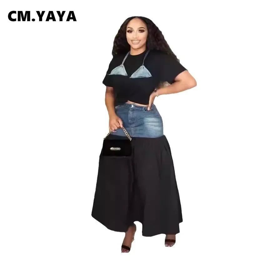 CM.YAYA INS Denim Patchwork Women's Set Short Sleeve T-shirt and Midi Long Skirts 2024 Autumn Street Two 2 Piece Sets Outfits