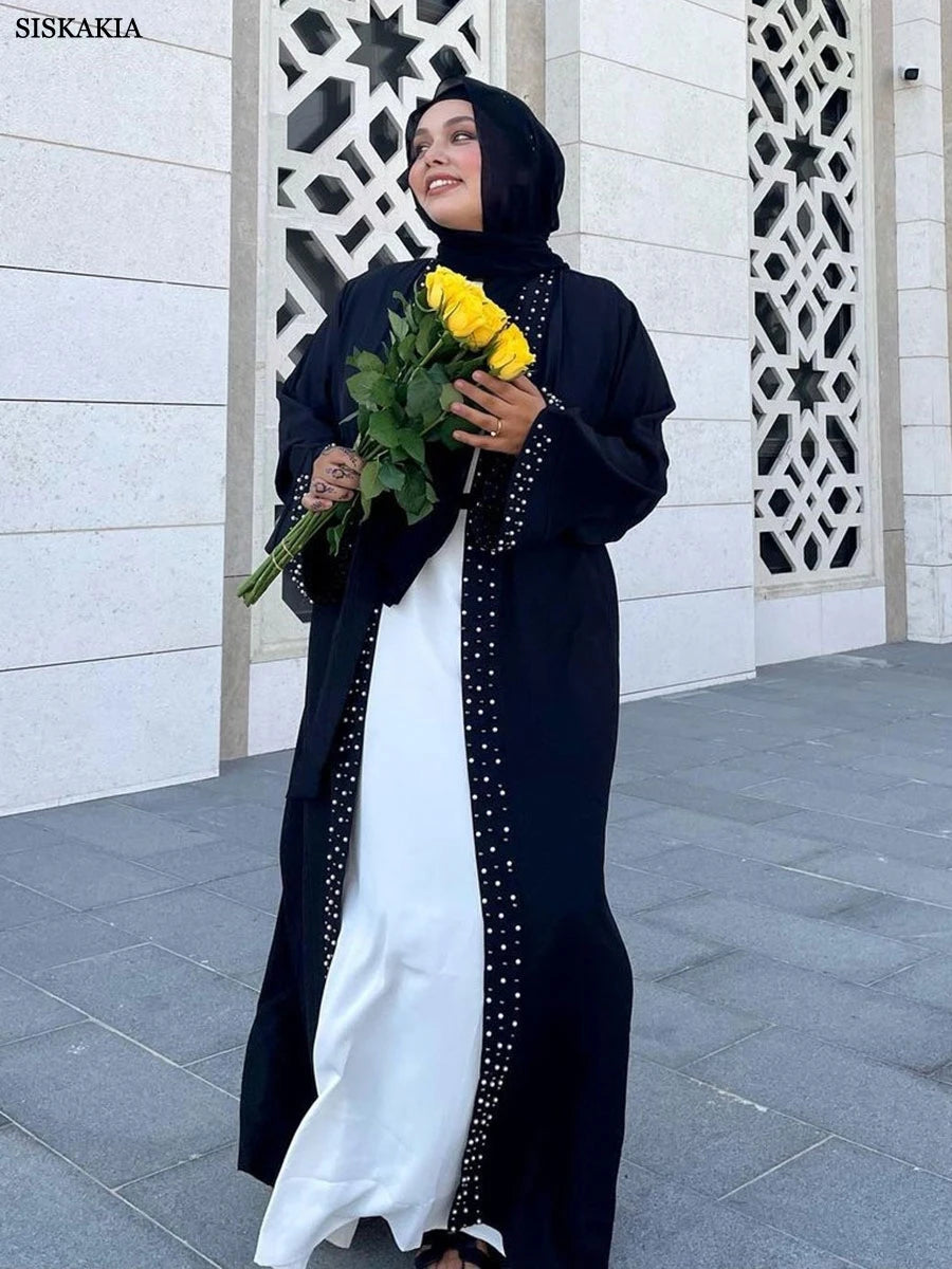 Siskakia Ramadan Dubai Elegant Casual Open Abaya With Sashes Muslim Women's Beading Moroccan Women Clothes