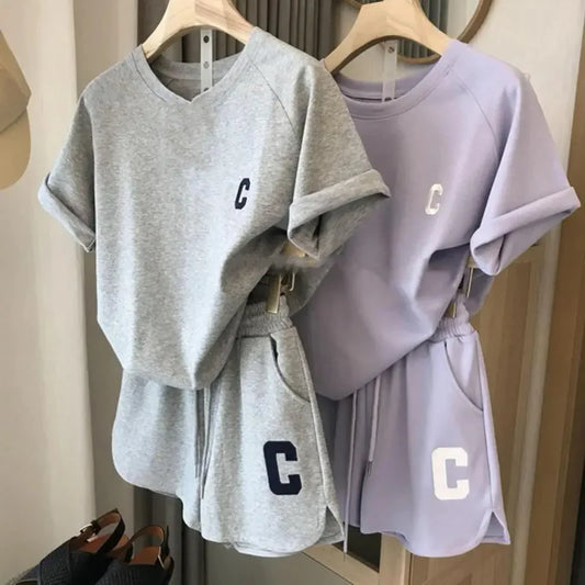 Casual Waffle Fashion Suit Women Summer 2024 Oversize Korean Short Sleeved T-Shirt Shorts Letter Embroidery 2pcs Sets