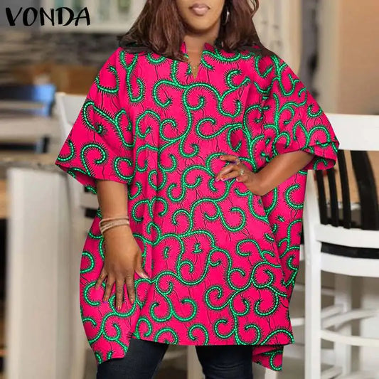 Plus Size VONDA Women Summer Bohemian Elegant Blouses 2024 Printed Shirts Half Sleeve V Neck Casual Tunic Tops Loose Blusas 5XL