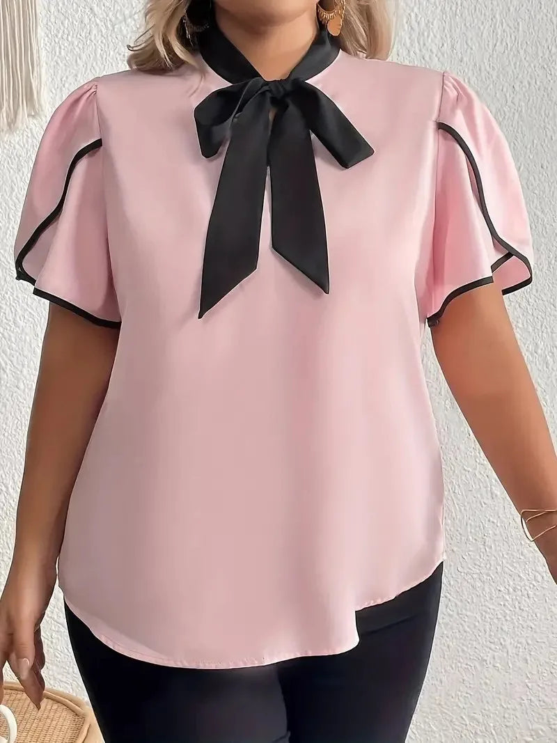 GIBSIE Plus Size Contrast Bow Tie Neck Women Shirts Blouses 2024 Summer Short Sleeve Elegant Tops Female Casual Solid Blouse