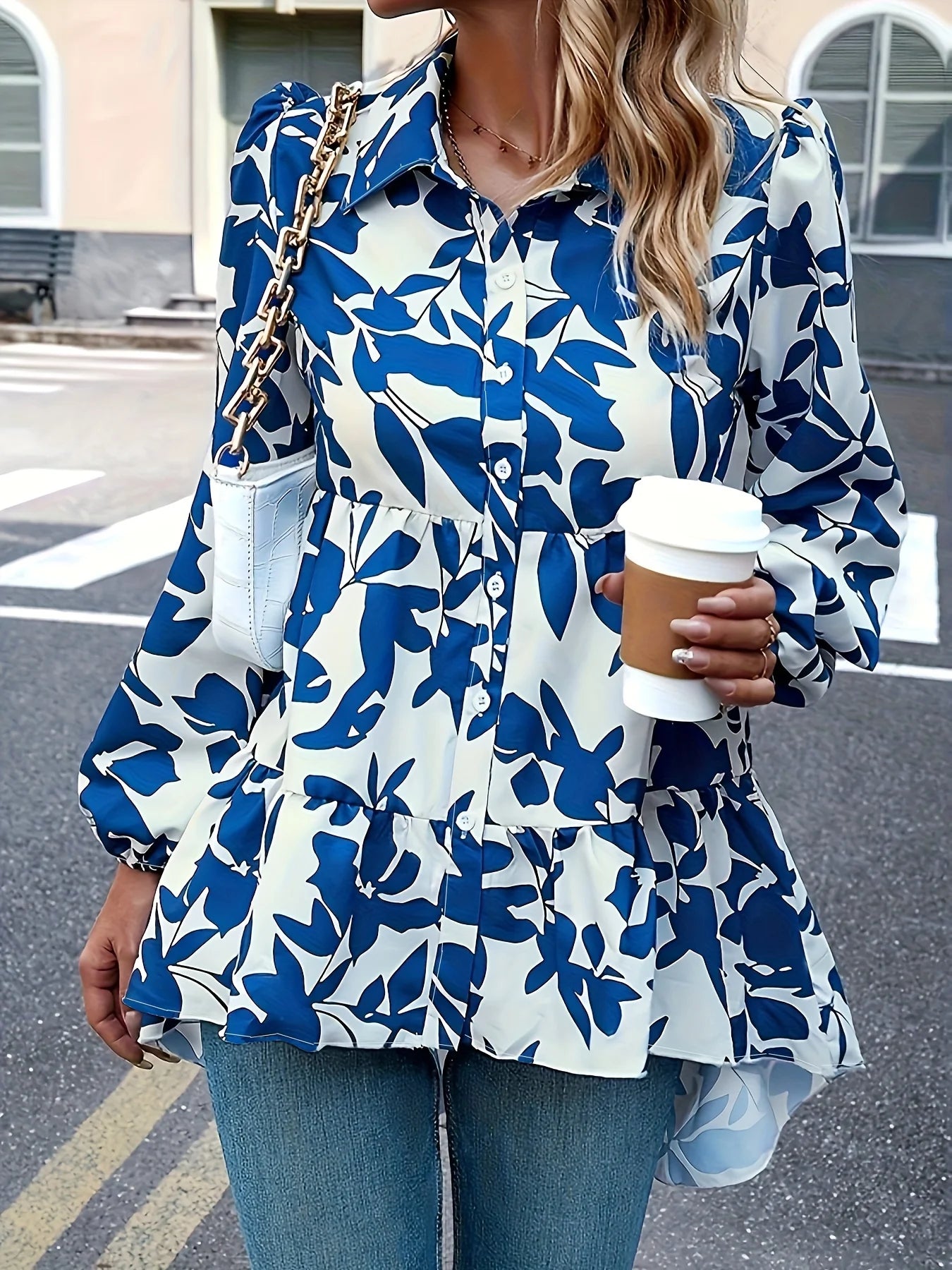 Plus Size Floral Print Blouse, Casual Button Front Long Sleeve Blouse For Spring, Women's Plus Size Clothing