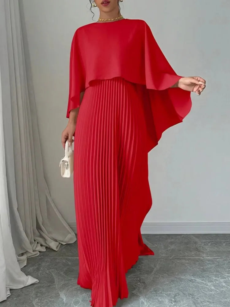 Yeezzi Women's Fashion Cape Sleeves High-Low Pleated Maxi Dresses 2024 New Autumn Solid Color O-Neck Elegant Party Evening Dress