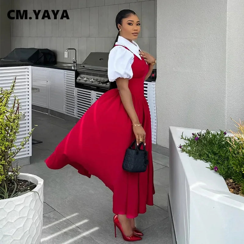 CM.YAYA Short Puff Sleeve Sweet Slim Long Women Shirt Dress High Waist Ruched Pleated Beach Streetwear Maxi Big Swing Dresses