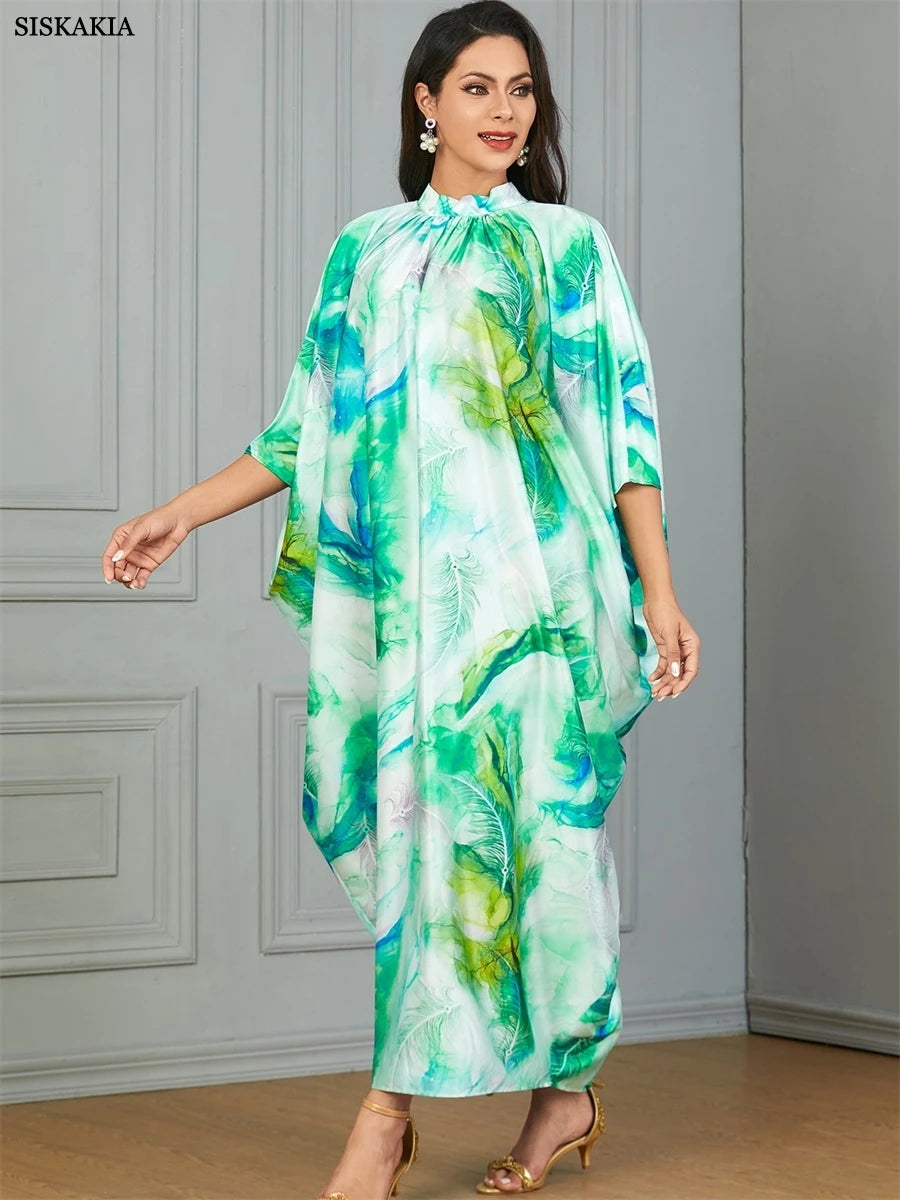 Siskakia Ramadan Muslim Floral Print Abaya Batwing Sleeve Maxi Dress Dubai Marocain Tie collar Elegant Casual Kaftan