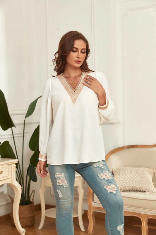 Plus Size Women's Long Sleeve White Shirt Blouse Solid V Neck Office Lady Loose Shirt Oversized Clothing Summer