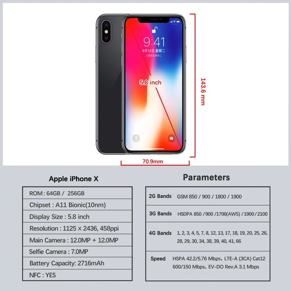 Apple iPhone X Phone 64GB/256GB ROM 5.8" 3GB RAM 12MP Hexa Core iOS A11 Dual Back Camera 4G LTE Unlocked iphone x Smart Phone