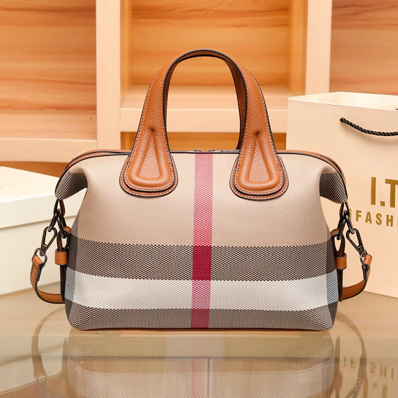 Lady Boston Handbags 2024 Luxury Fashion Plaid Canvas Women Messenger Shoulder Bags Brand Designer Portable Crossbody Bag Purses