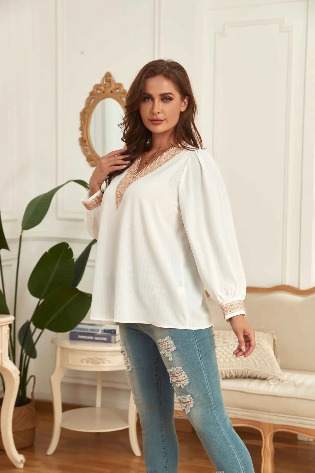 Plus Size Women's Long Sleeve White Shirt Blouse Solid V Neck Office Lady Loose Shirt Oversized Clothing Summer