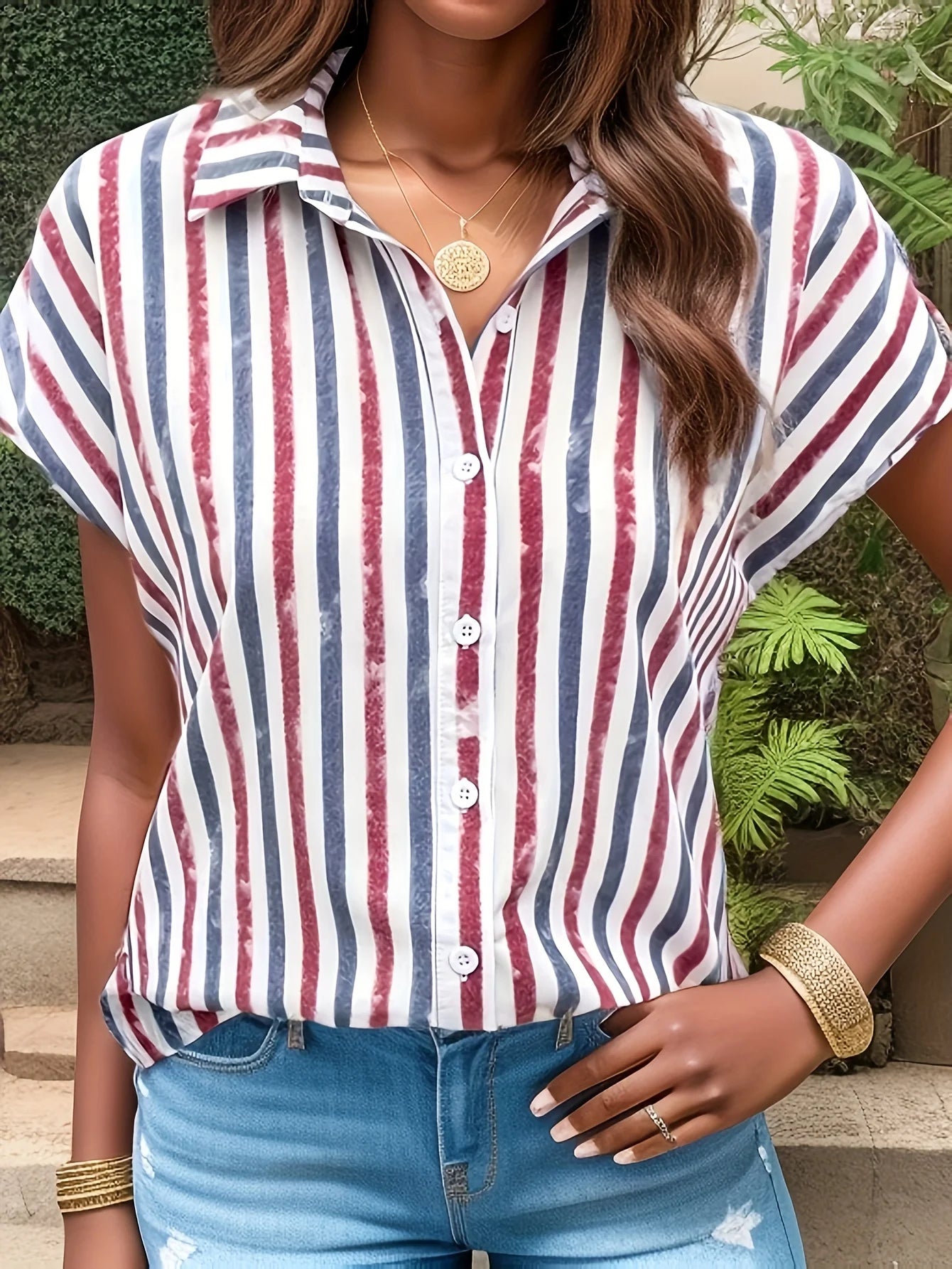 Plus Size Casual Blouse, Women's Plus Stripe Print Button Up Short Sleeve Turn Down Collar Shirt