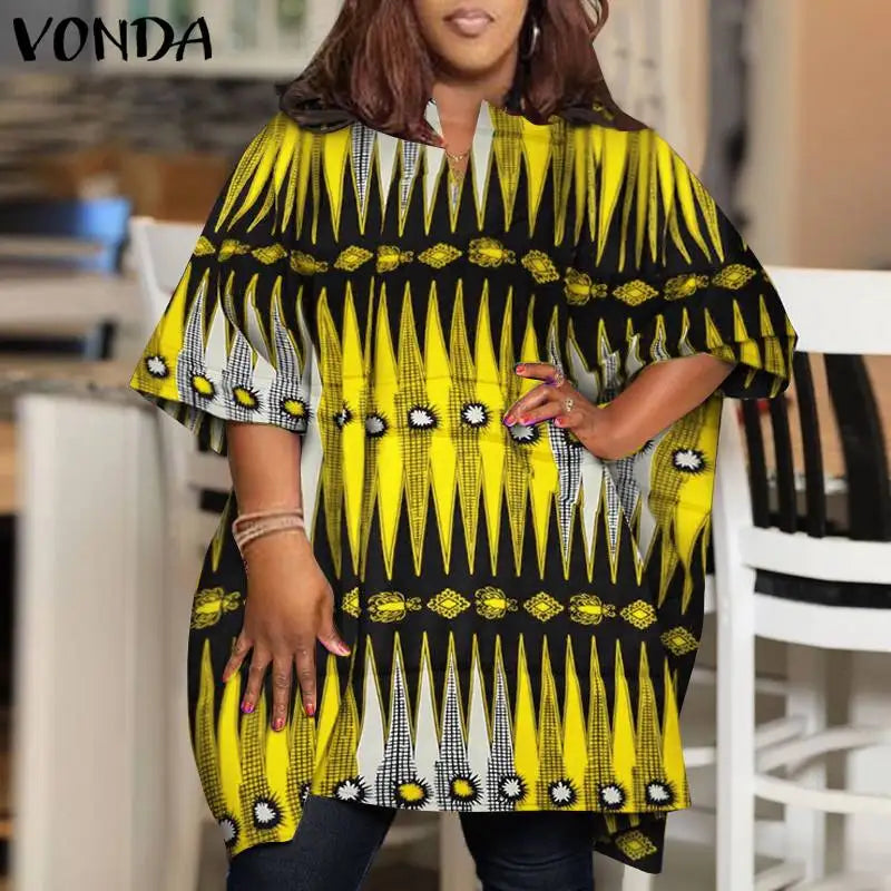 Plus Size Printed Blouse 2024 VONDA Elegant Women Shirts Fashion Half Sleeve V Neck Tops Bohemian Summer Tops Blusas Oversized