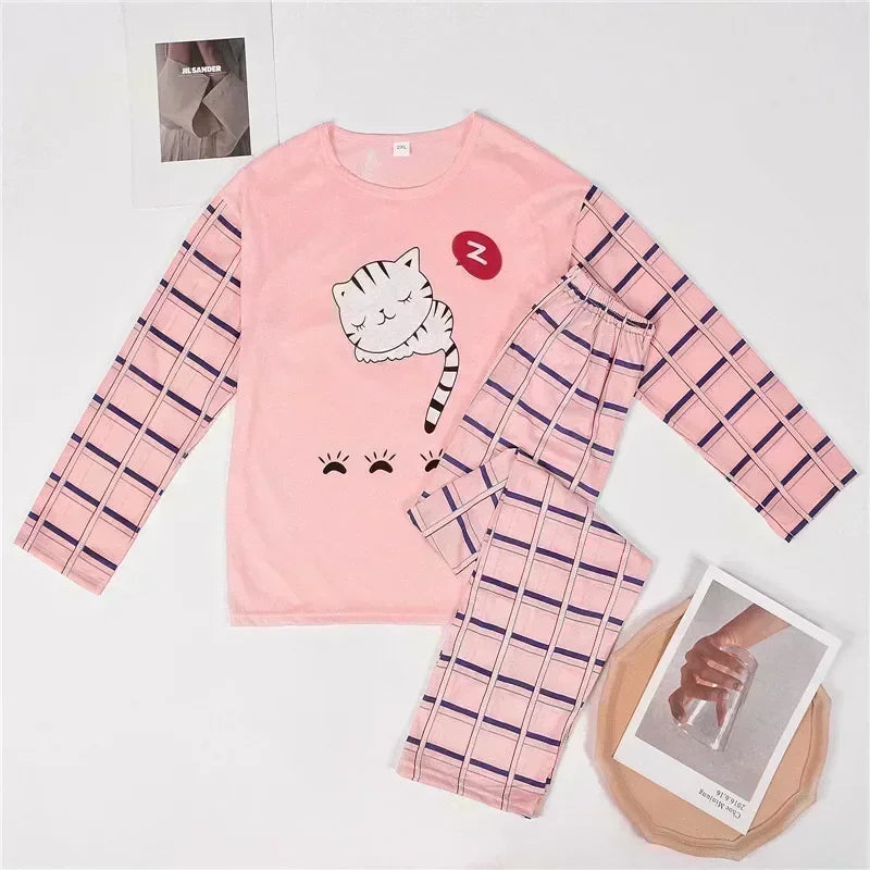 Cartoon Cotton Pajamas Women's Spring and Autumn Models Long-sleeved Home Service Women's Simple Loose Casual Suit Large Size