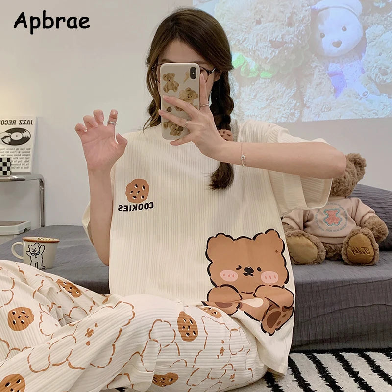 Cute Duck Print Pajamas for Women Cotton Women Pajama Sets Short Sleeves Long Pants Cartoon Pijamas Korean Girl Sleepwear