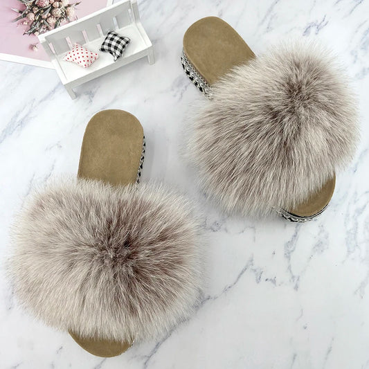 Slides Fur Summer Rivets Platform Sandals Ladies Sandals Outdoor Real Fur Ladies Heels Shoes 2021 New Fluffy Flip Flops Slippers