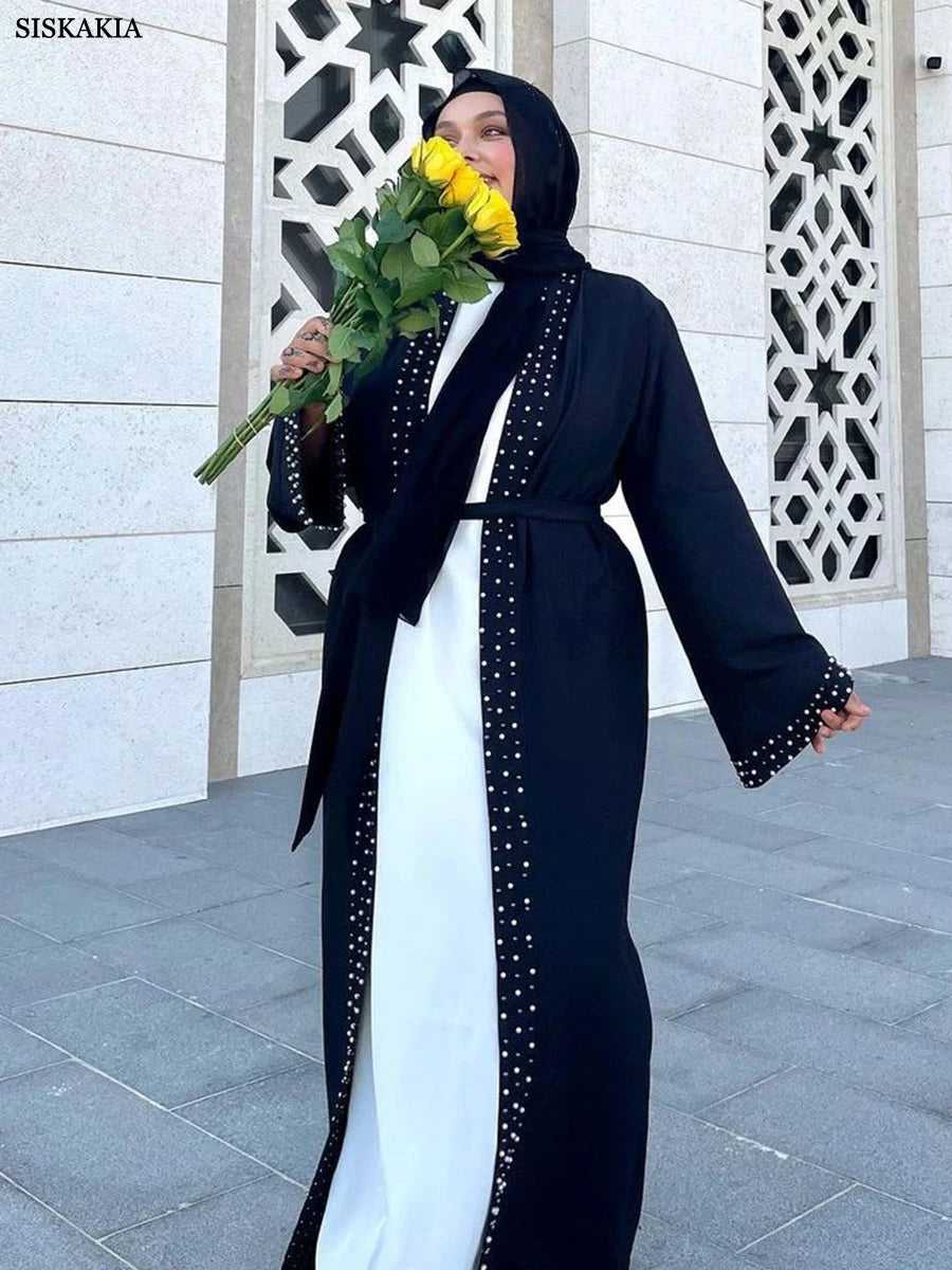 Siskakia Ramadan Dubai Elegant Casual Open Abaya With Sashes Muslim Women's Beading Moroccan Women Clothes