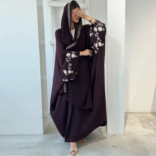 Middle East Ramadan Muslim Luxury Fashion Abaya Dubai Embroidered Bat Sleeve Cardigan Robe Headscarf Waiver Robe